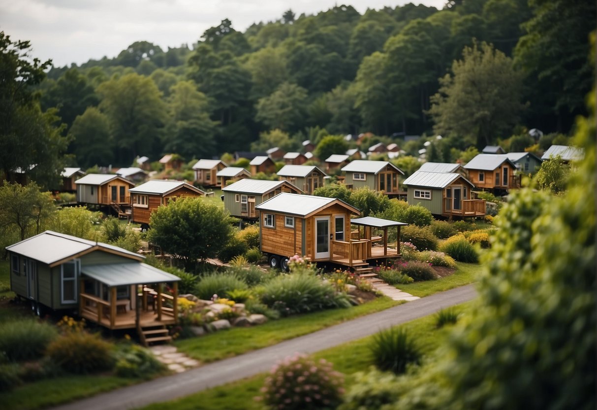 A cluster of tiny homes nestled among lush green trees, with a central gathering area and small pathways connecting the community