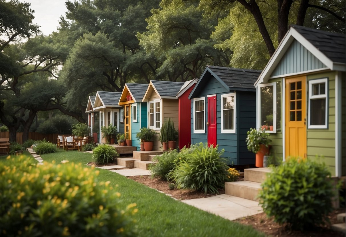 A cluster of tiny homes nestled among lush greenery in a Dallas, Texas community. Each home is unique, with colorful exteriors and small gardens