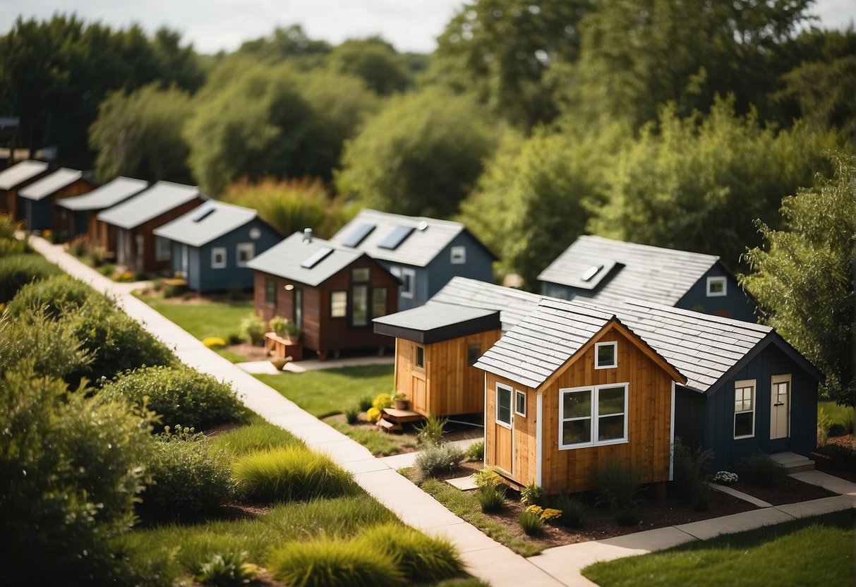 A cluster of tiny homes nestled among trees in a Dallas, Texas community. Each home is unique in design, with small gardens and communal spaces