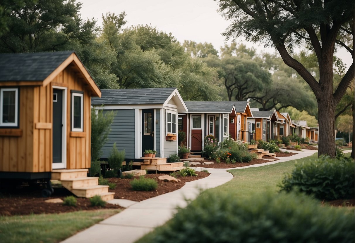 A cluster of tiny homes nestled among trees in a Dallas community, with small gardens and communal spaces