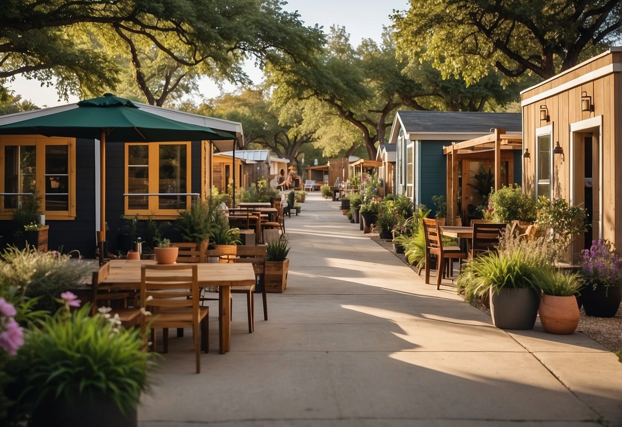 A lively tiny home community in Dallas, Texas, with vibrant amenities like a communal garden, outdoor seating areas, and a central clubhouse