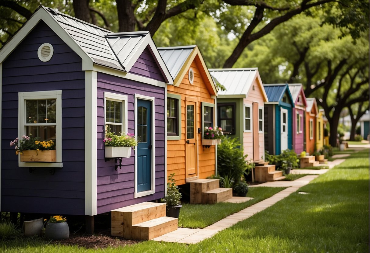 A row of colorful tiny homes nestled in a lush, tree-filled community in Dallas, Texas. Each home is unique, with its own charming design and outdoor space