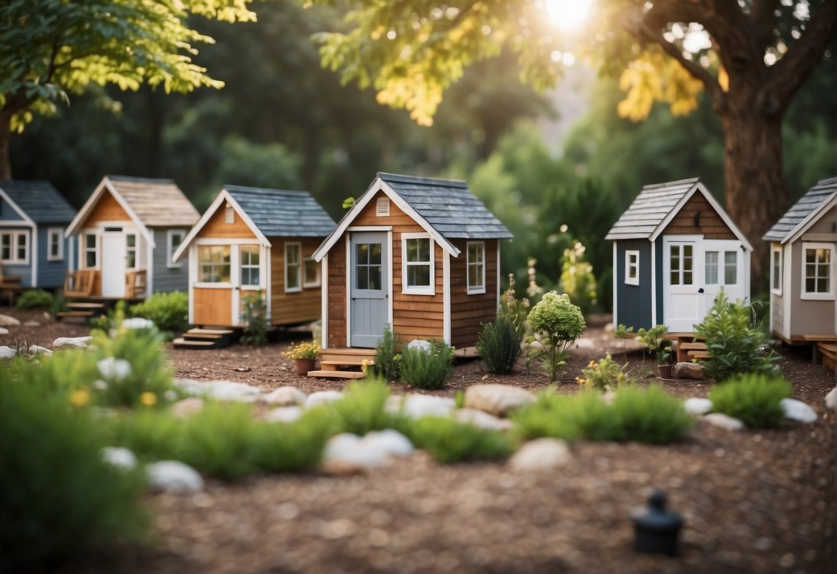 A cluster of tiny homes nestled among trees, with a central gathering area and small gardens. Signs with "Frequently Asked Questions" are posted throughout the community