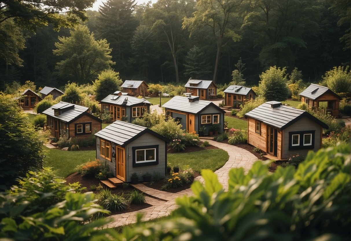 A cluster of cozy tiny homes nestled in a lush Delaware landscape, with winding pathways and communal gathering areas