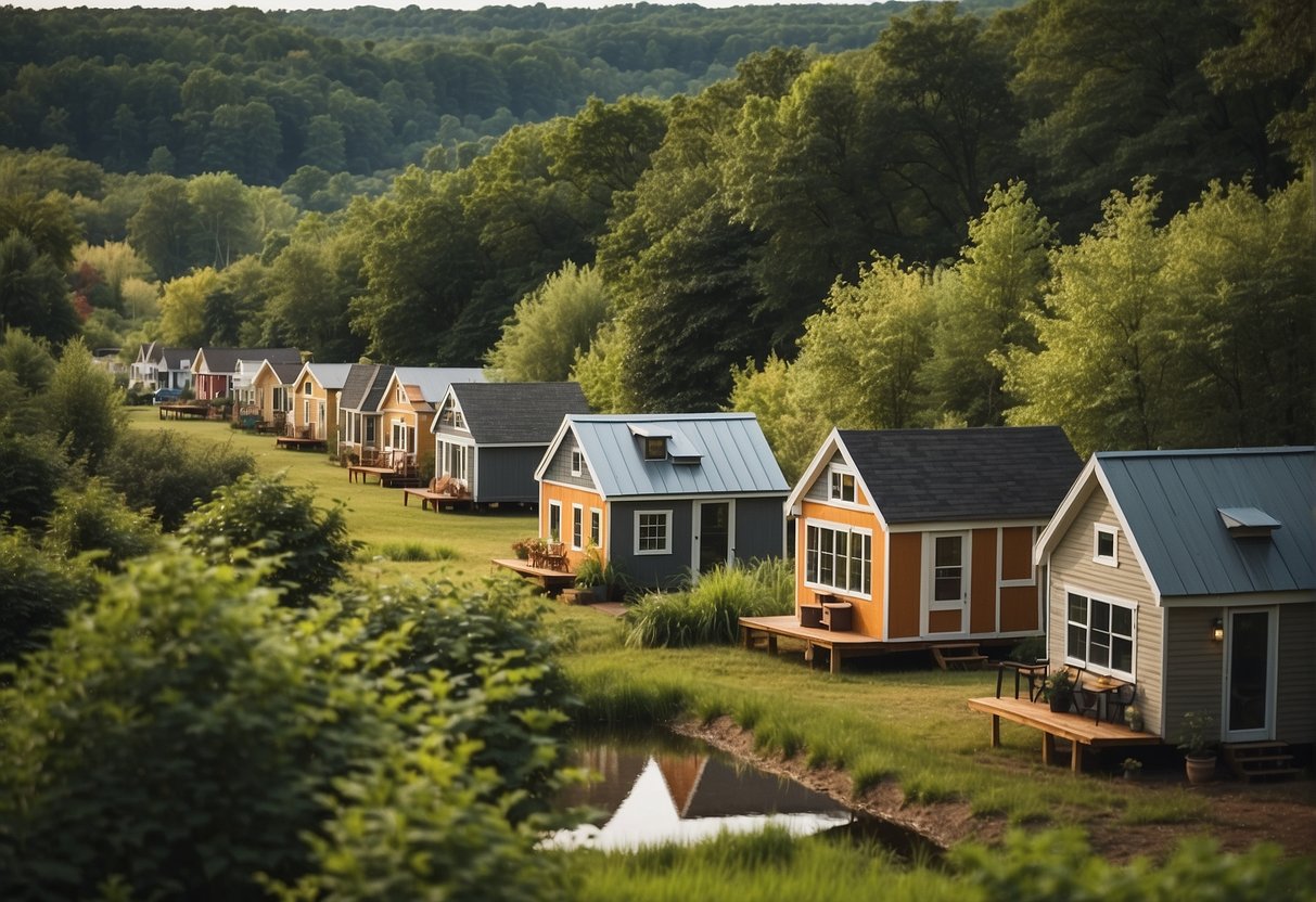 A cluster of tiny homes nestled in a serene Delaware landscape, surrounded by lush greenery and a sense of community