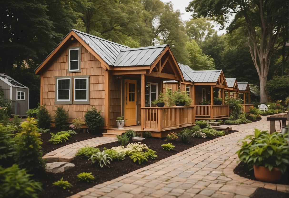 A cluster of tiny homes nestled among lush greenery in a Delaware community, with winding pathways and communal gathering spaces