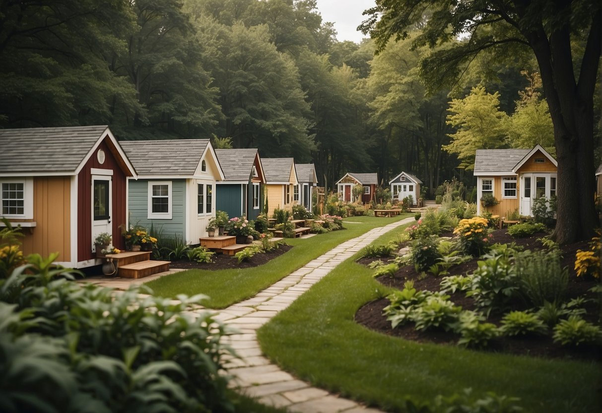A group of tiny homes nestled in a lush, green community in Delaware, with a central gathering area and communal gardens