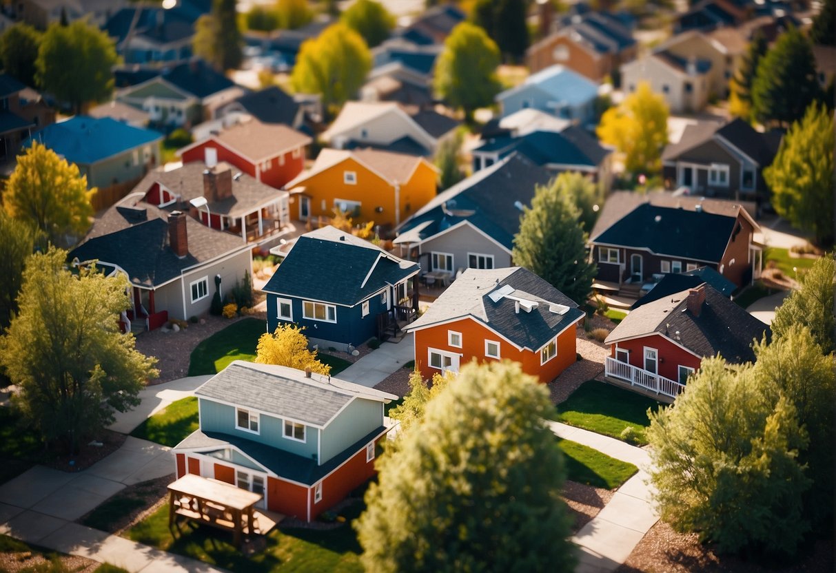 Aerial view of Denver tiny home communities with colorful houses and communal spaces