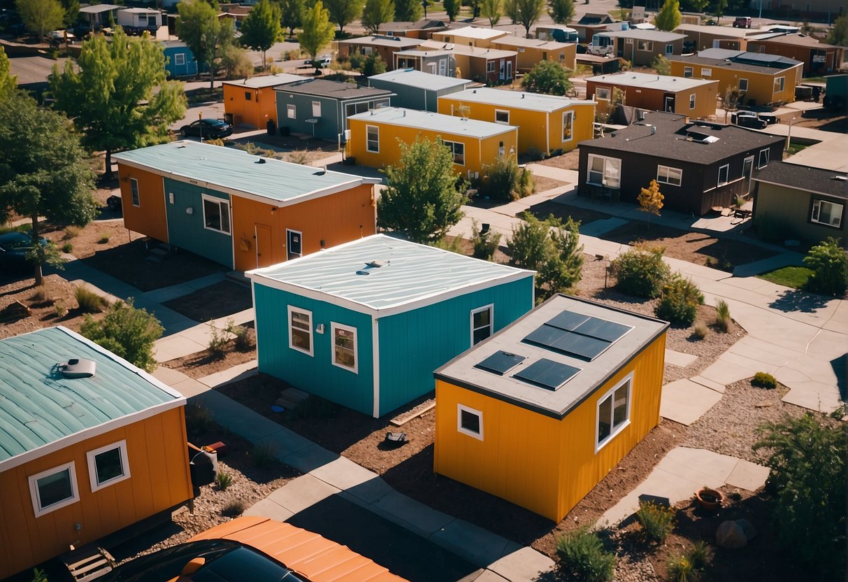A bustling tiny home community in Denver, Colorado, with support services and community involvement activities happening throughout the neighborhood