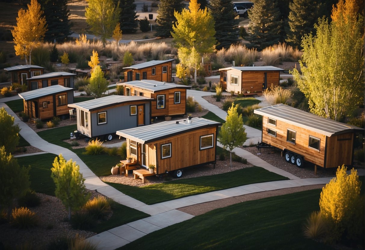 A group of tiny homes nestled in a scenic Denver community, with residents gathered in communal spaces and engaging in various activities