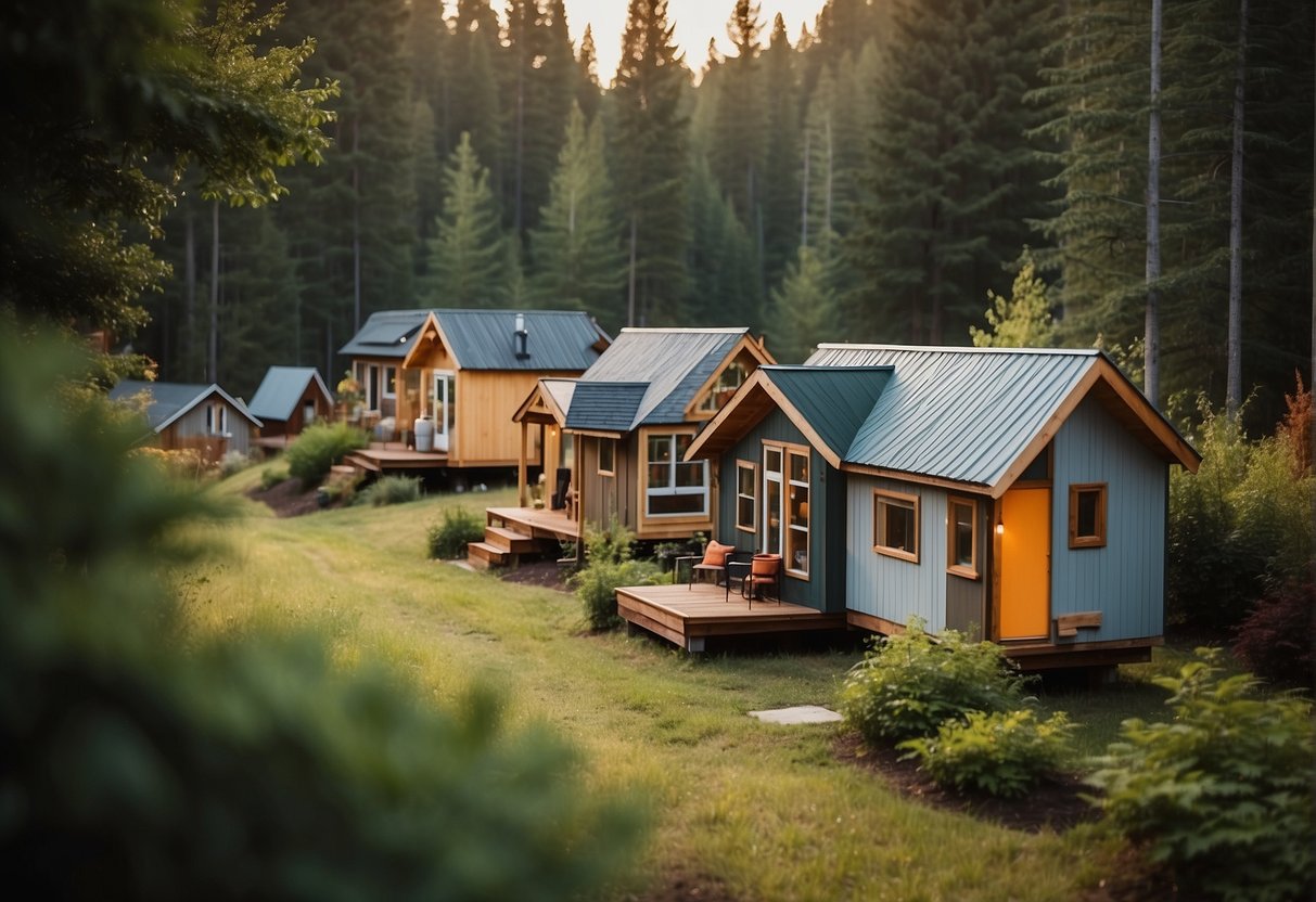 A cluster of tiny homes nestled among trees in a vibrant community setting
