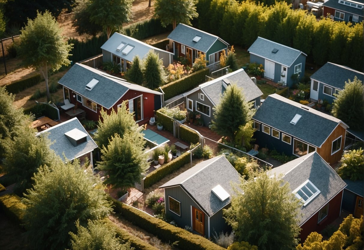 Aerial view of tiny homes nestled in a green, communal space. Residents socialize outdoors and tend to shared gardens
