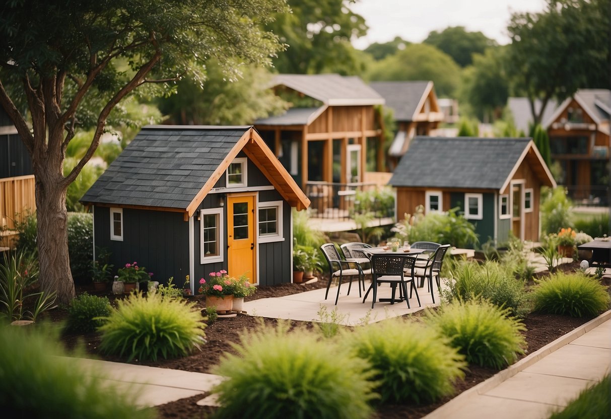 A cluster of tiny homes nestled within a lush, green community in the heart of DFW, with communal gardens, cozy outdoor seating areas, and a central gathering space for residents to connect and socialize