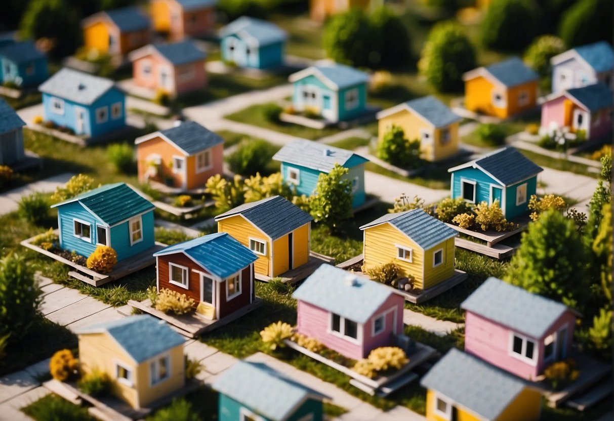 A bustling community of tiny homes in DFW, with colorful houses clustered around a central gathering area, surrounded by trees and greenery