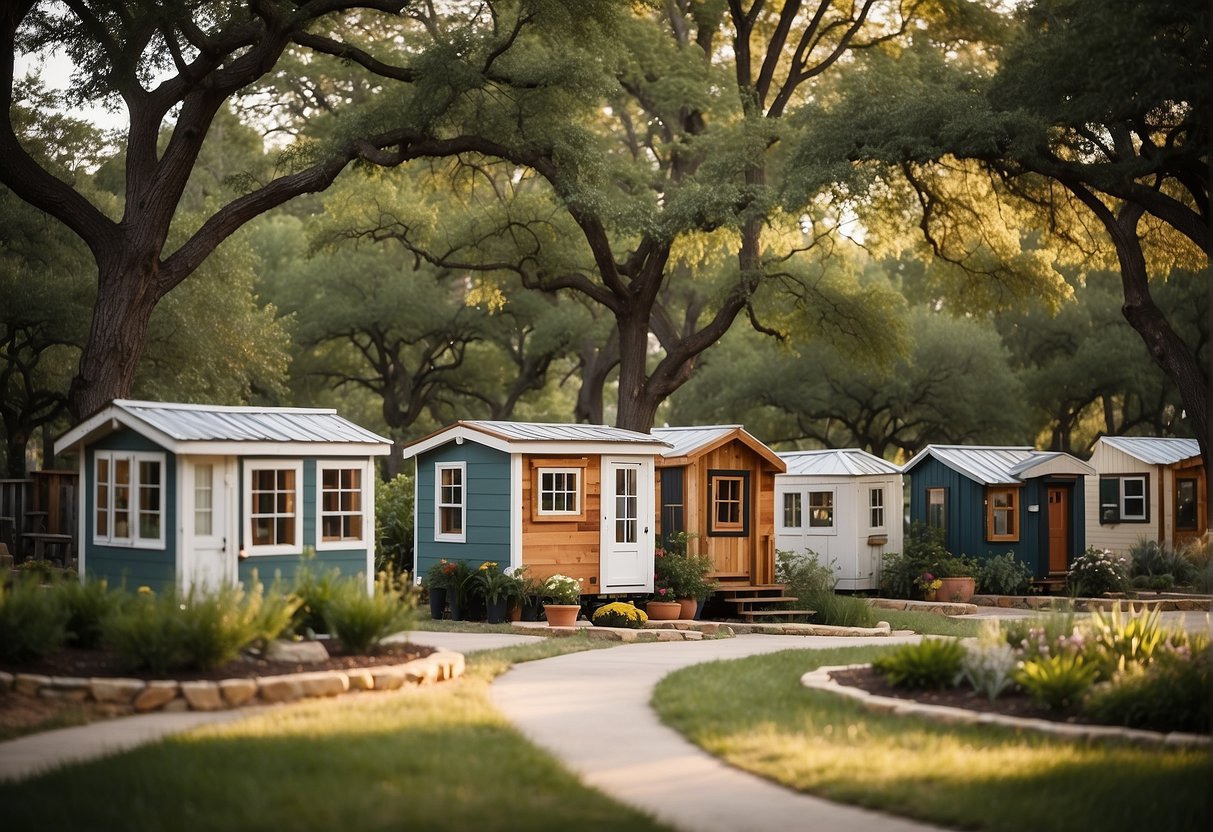 A cluster of tiny homes nestled among trees in a DFW area, with communal gardens and a central gathering space