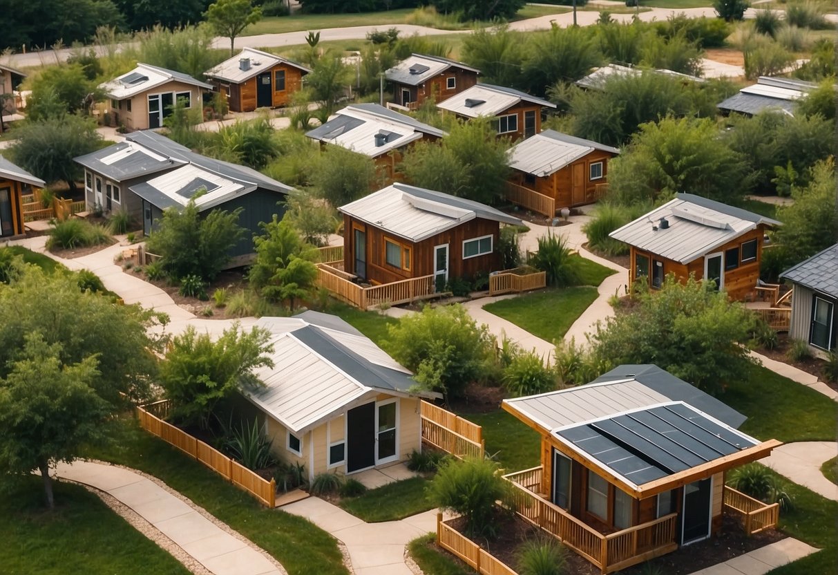 Aerial view of clustered tiny homes in DFW area with communal spaces and greenery