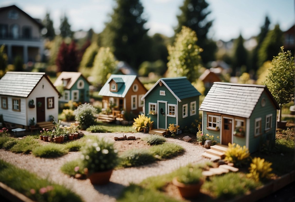 Tiny homes nestled in a community with shared green spaces, communal gardens, and a central gathering area