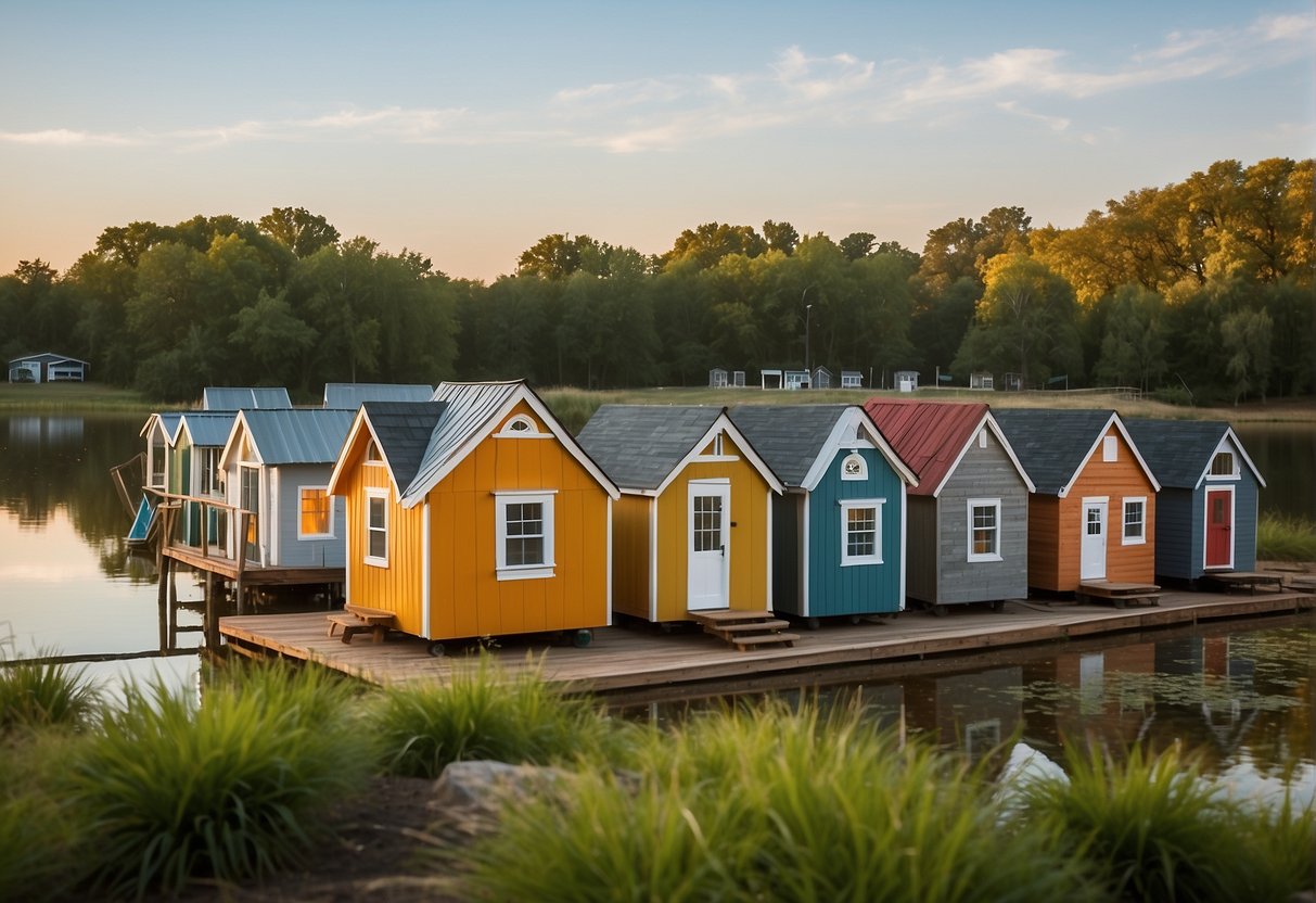A cluster of colorful tiny homes nestled around a serene lake in the Dallas-Fort Worth area