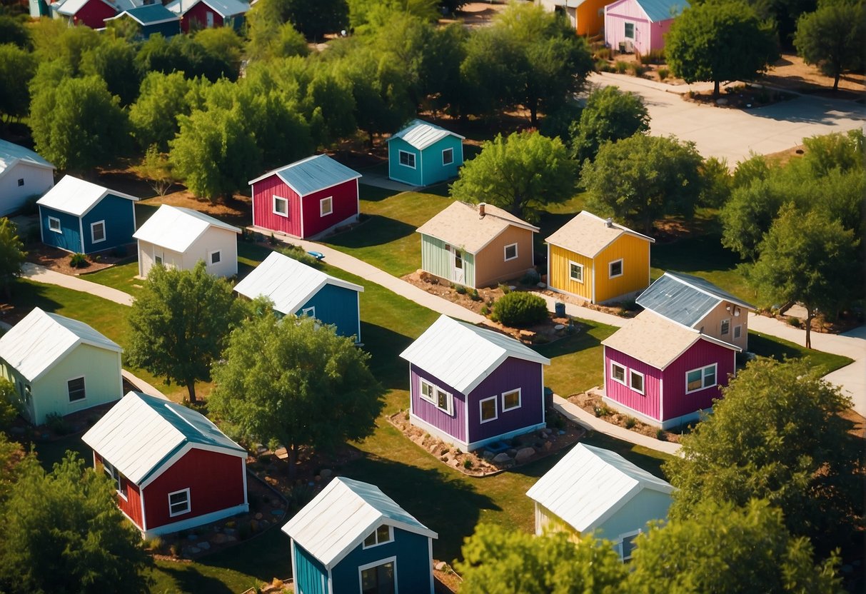Aerial view of colorful tiny homes nestled among trees in a bustling DFW community, with residents chatting, gardening, and walking dogs