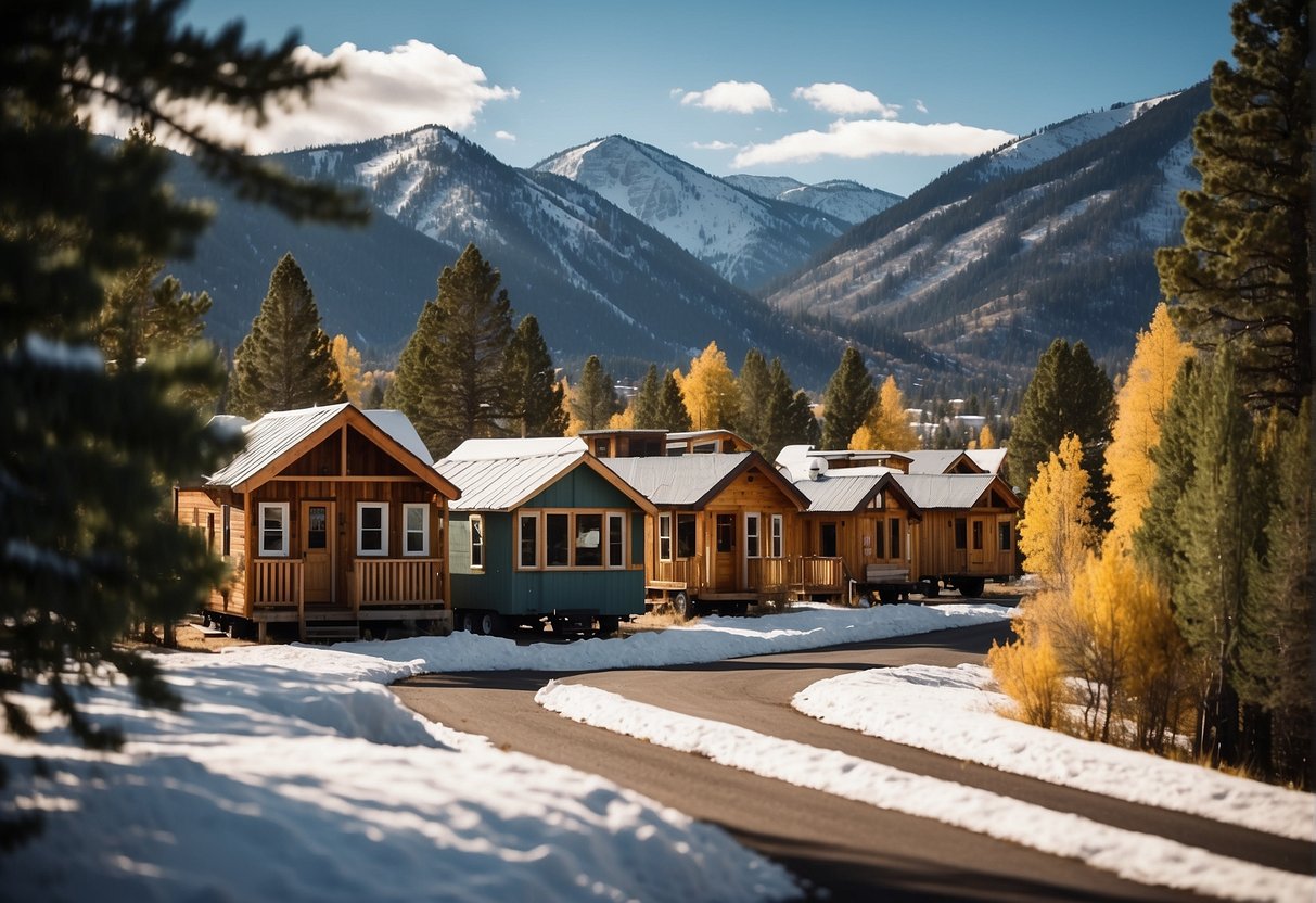 Tiny homes dotting the lush landscape of Durango, CO. Nestled among towering trees, with a backdrop of snow-capped mountains