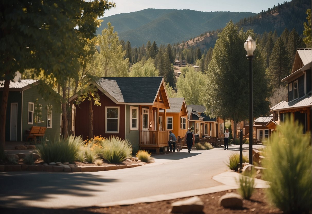 People walk through Durango's tiny home communities, nestled among towering trees and rolling hills, with colorful homes and communal spaces