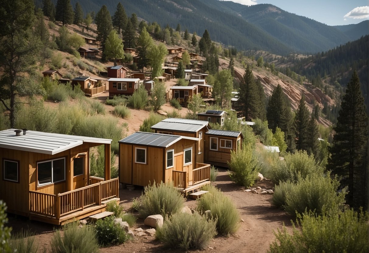 A small, vibrant community of tiny homes nestled in the picturesque landscape of Durango, CO. The homes are surrounded by lush greenery, with communal areas for residents to gather and socialize