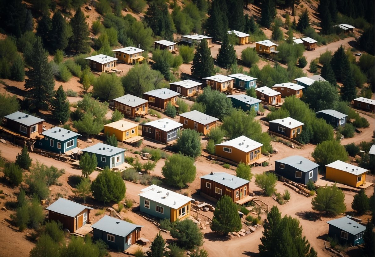 Aerial view of tiny homes nestled in a scenic Durango, CO community. Varied designs and housing options create a charming and sustainable neighborhood