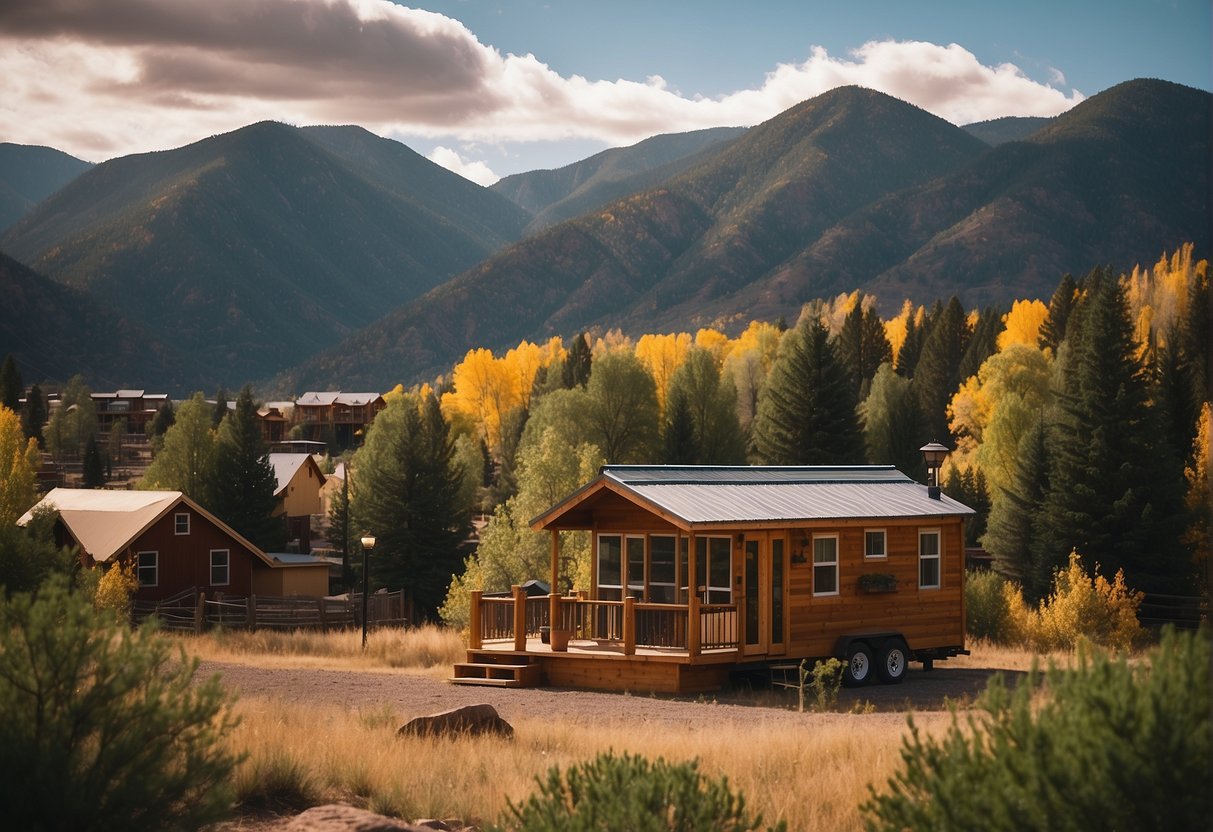 A cozy tiny home nestled in a vibrant Durango community, surrounded by nature and friendly neighbors. A sense of simplicity and freedom fills the air, with the mountains as a breathtaking backdrop