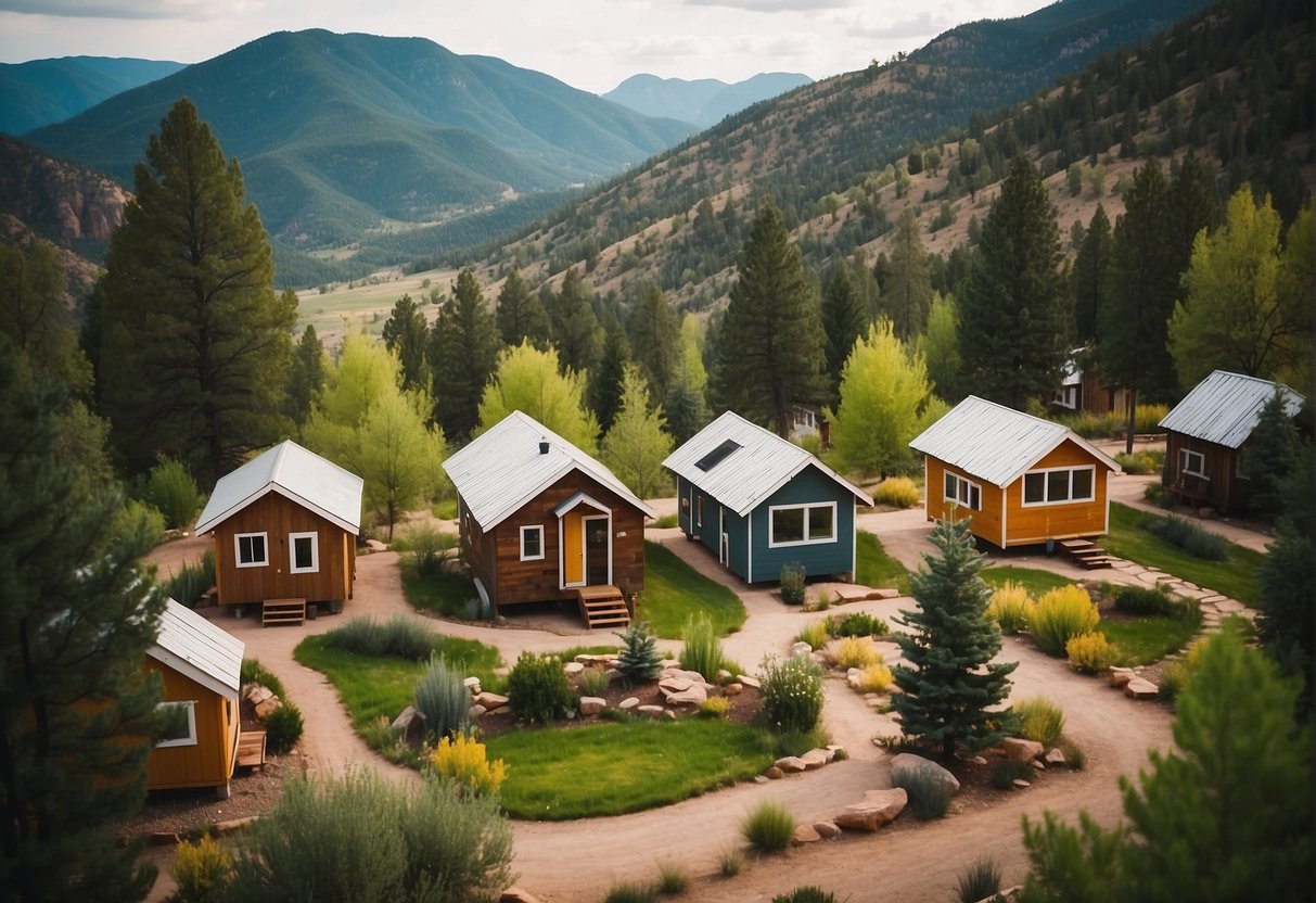 A cluster of tiny homes nestled in the picturesque landscape of Durango, CO, with communal spaces and gardens, creating a sense of community and sustainable living