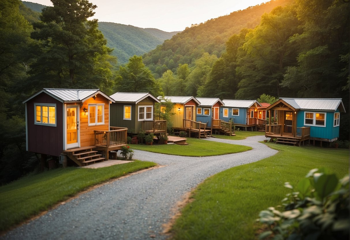 A cluster of colorful tiny homes nestled among lush green mountains in East Tennessee. Twinkling lights and cozy porches create a sense of community