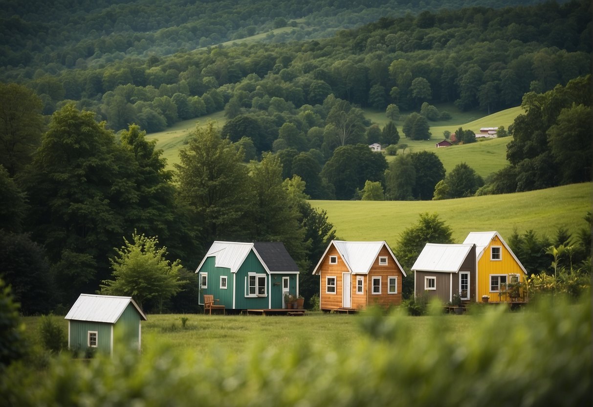 Lush green hills surround cozy tiny homes nestled in East Tennessee's rolling countryside. A sense of community emanates from the colorful houses and communal spaces
