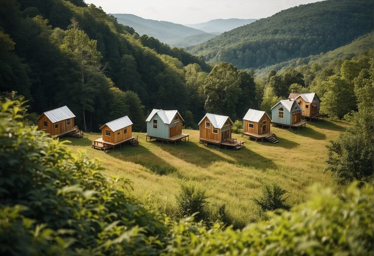 A cluster of charming tiny homes nestled in the rolling hills of East Tennessee, surrounded by lush greenery and peaceful nature