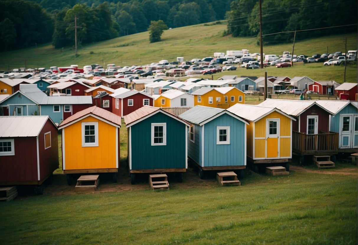 A bustling market in East Tennessee, with people customizing their tiny homes. Colorful houses line the streets, surrounded by lush greenery and a sense of community