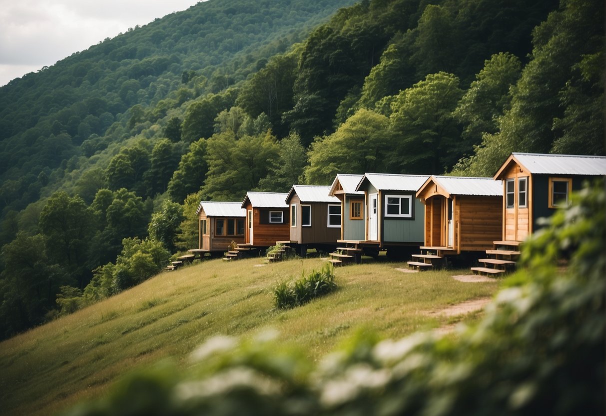 A cluster of tiny homes nestled in the rolling hills of East Tennessee, surrounded by lush greenery and a sense of community