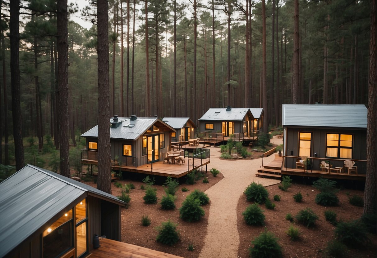 A cluster of cozy tiny homes nestled among the pine trees of East Texas, with a central communal area and winding pathways connecting the homes