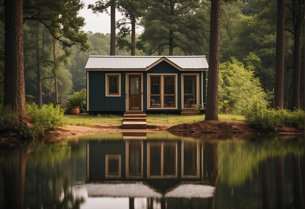 A cozy tiny home nestled in a lush East Texas community, surrounded by towering pine trees, with a peaceful lake in the background