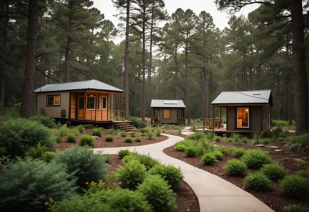 Tiny homes nestled among tall pine trees, with communal gardens and gathering spaces, surrounded by nature in East Texas