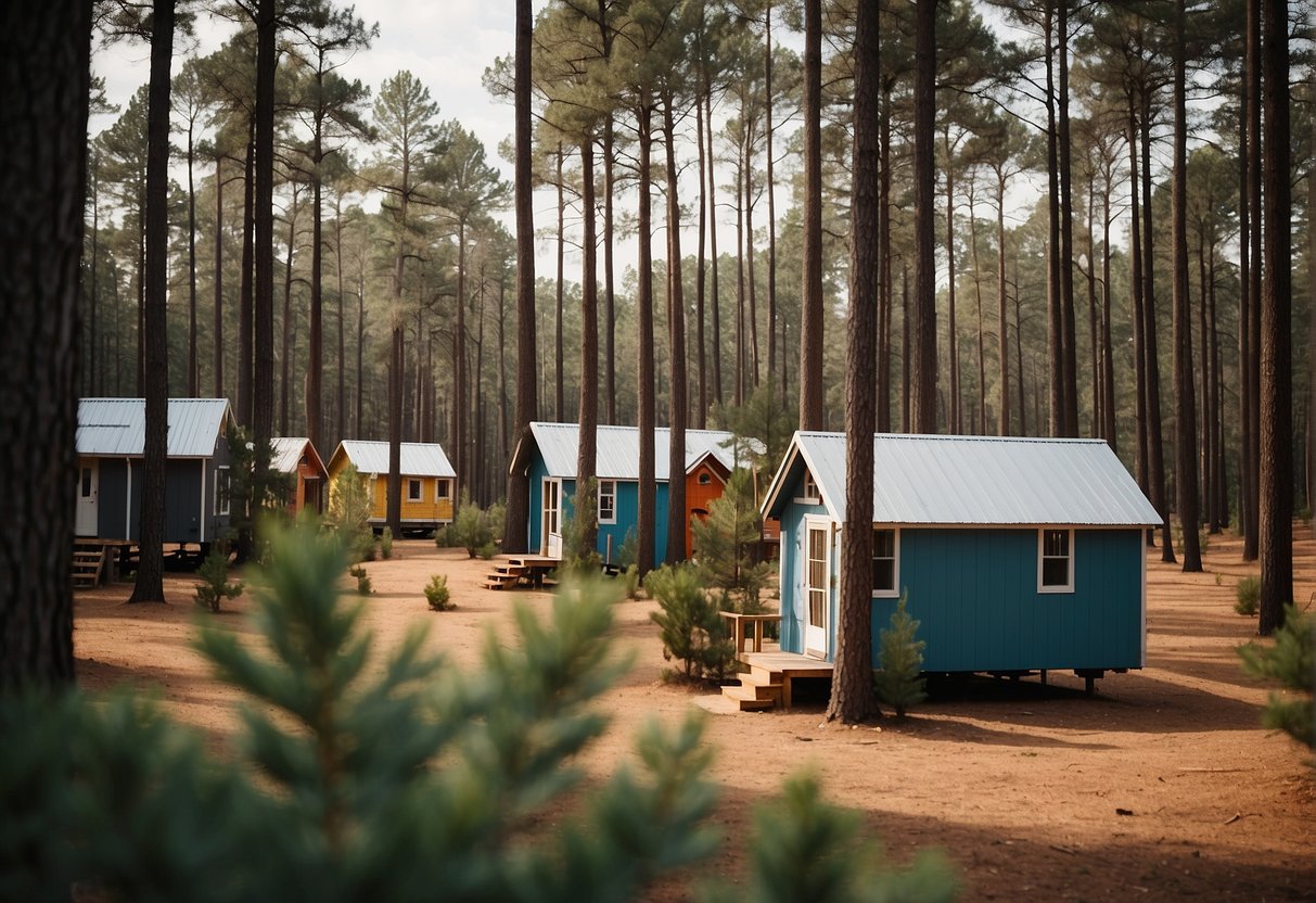 A cluster of colorful tiny homes nestled among tall pine trees in a serene East Texas community