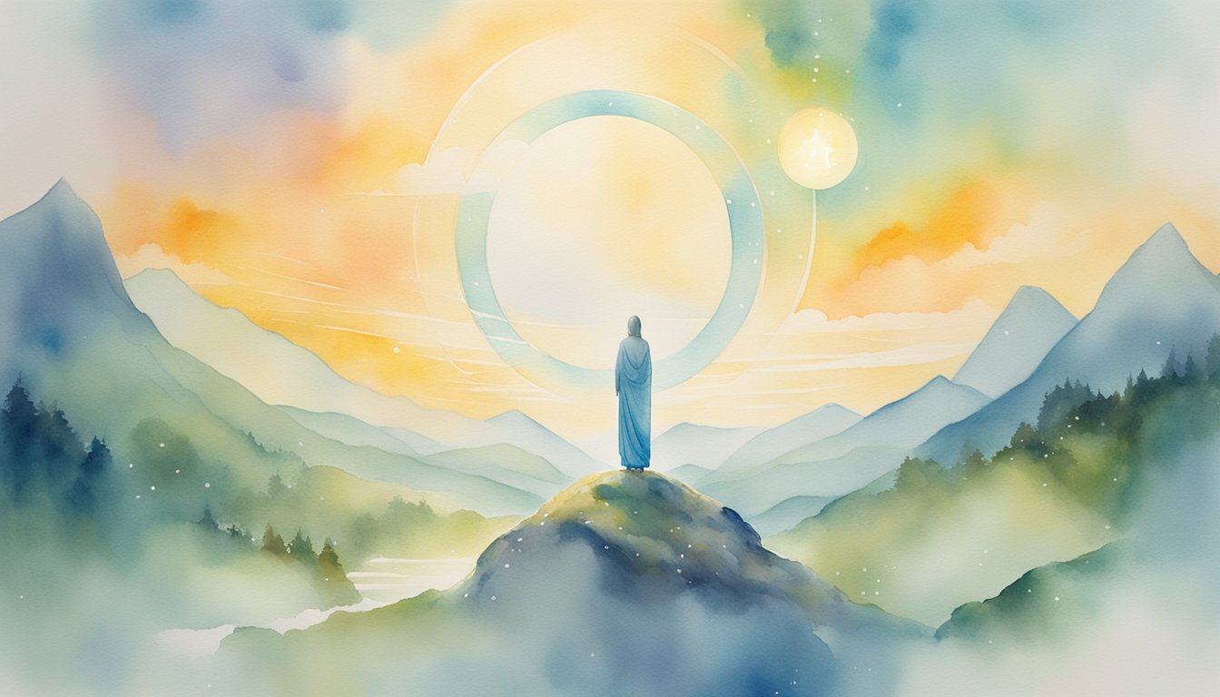 A bright, ethereal figure hovers above a serene landscape, surrounded by glowing symbols and a sense of peace and enlightenment