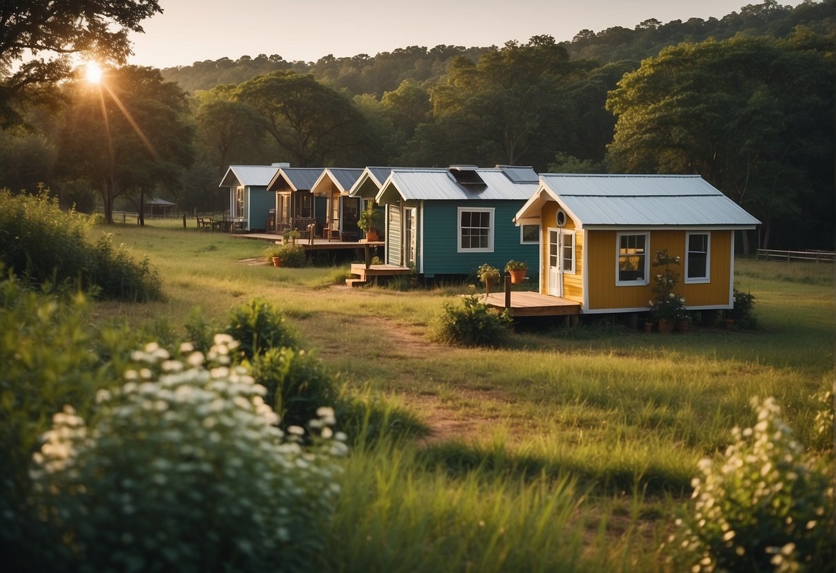 A serene tiny home community nestled in the lush landscape of East Texas, with cozy, colorful homes dotting the rolling hills and a sense of community in the air