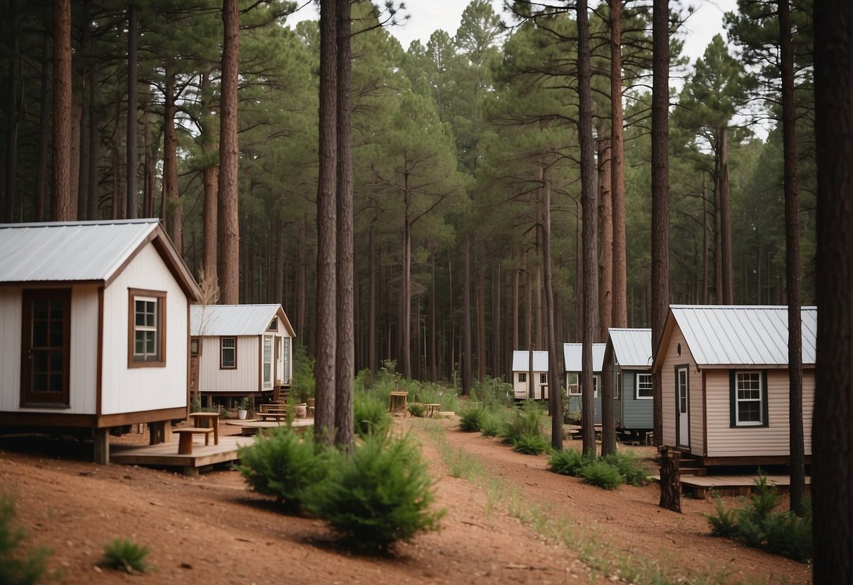 A cluster of tiny homes nestled among tall pine trees in an East Texas community, with a central gathering area and small gardens