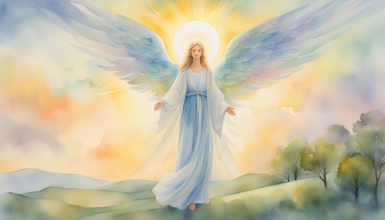 A radiant angelic figure hovers above a peaceful landscape, surrounded by the numbers 1107 in glowing, ethereal light