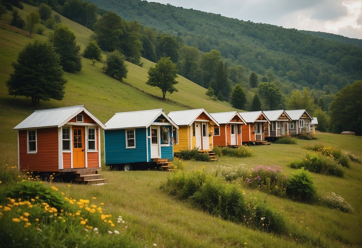 A cluster of colorful tiny homes nestled in the rolling hills of East TN, surrounded by lush greenery and blooming wildflowers