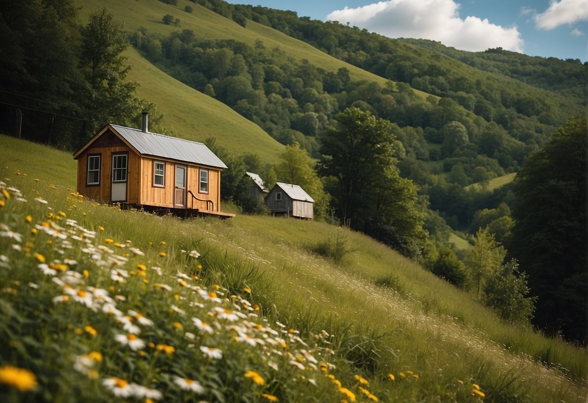 Tiny homes nestled among rolling hills, surrounded by lush greenery and blooming wildflowers in East Tennessee