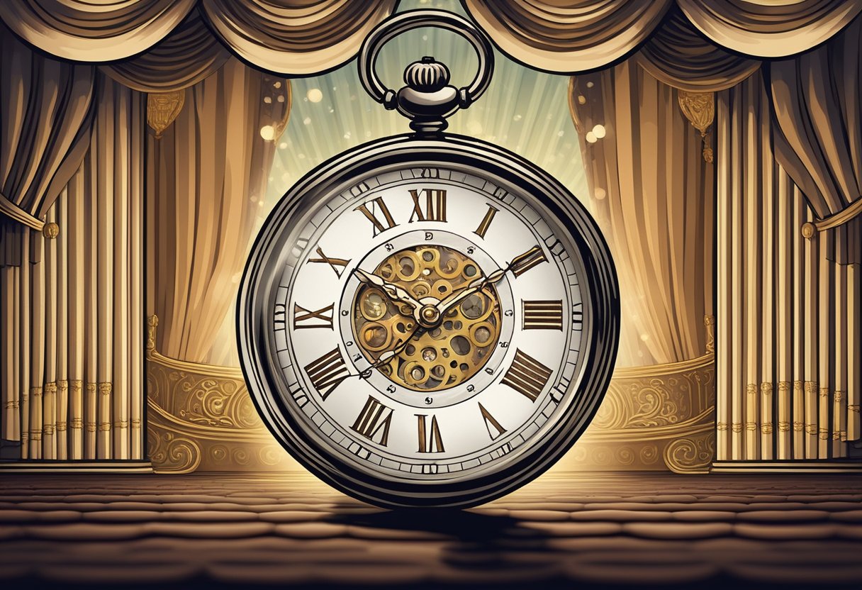 A vintage pocket watch swinging in front of a mesmerized audience, with a backdrop of a stage and old-fashioned theater curtains