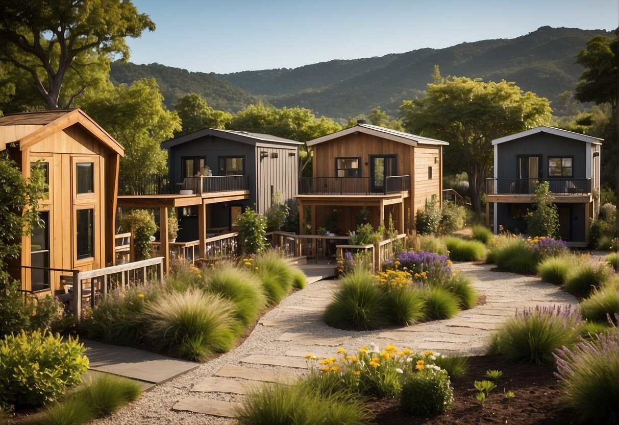 Tiny homes nestled among lush greenery, with communal gardens, a central gathering area, and shared amenities like a community kitchen and laundry facilities