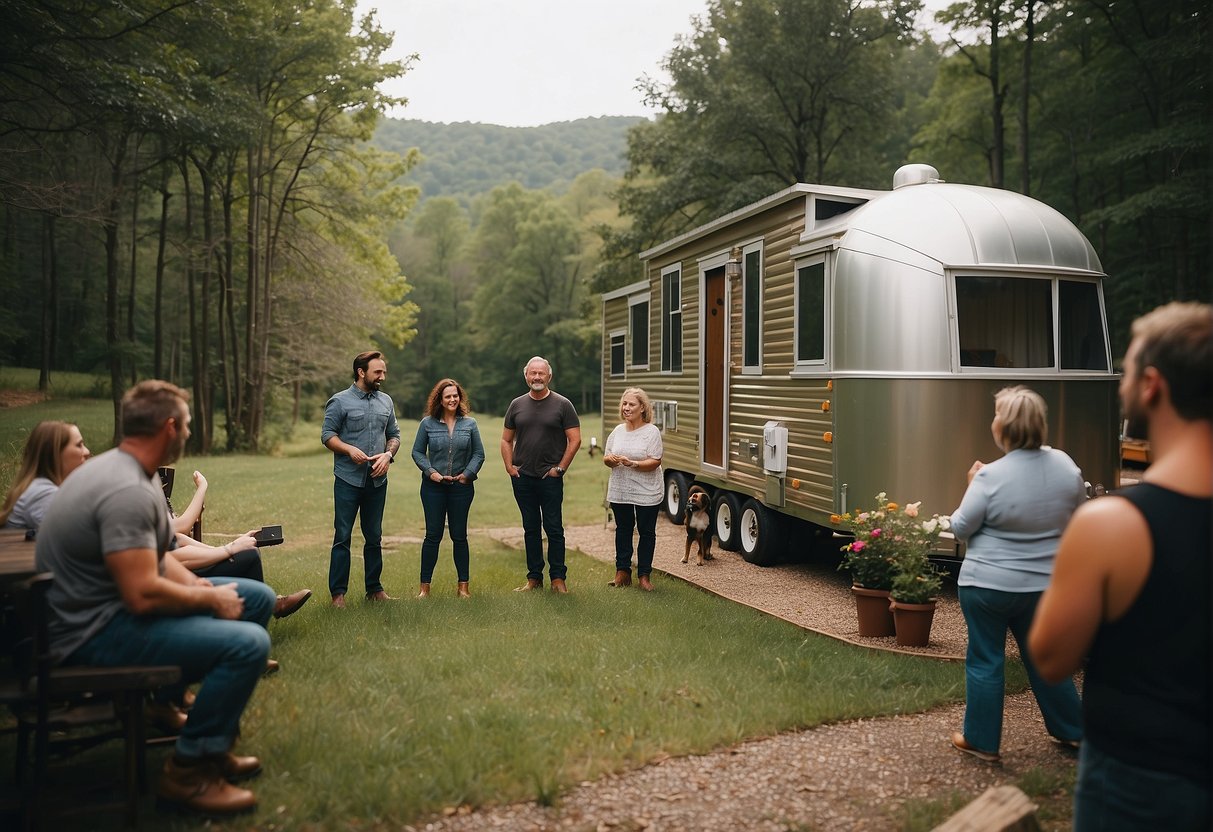 People touring tiny home communities in East TN, discussing features and amenities