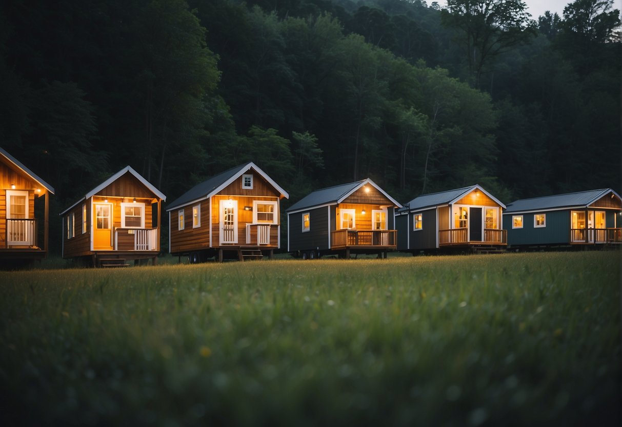 A spotlight shines on a cluster of tiny homes in an East TN community, nestled among rolling hills and surrounded by lush greenery