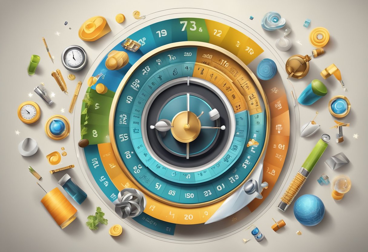 A hypnotic spiral spins in the center, surrounded by various objects representing different applications of hypnosis, such as a smoking cigarette, a scale for weight loss, and a stage for entertainment