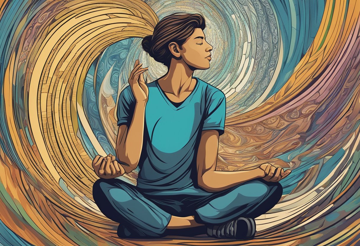 A person sits in a relaxed position, with a focused and calm expression. A swirling pattern surrounds them, representing the potential benefits and risks of hypnosis